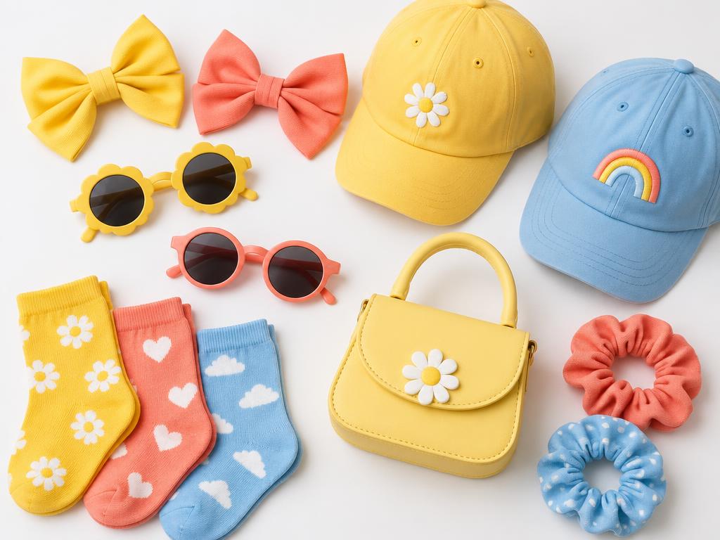 Flat lay of kids' bows, caps, socks and a small bag