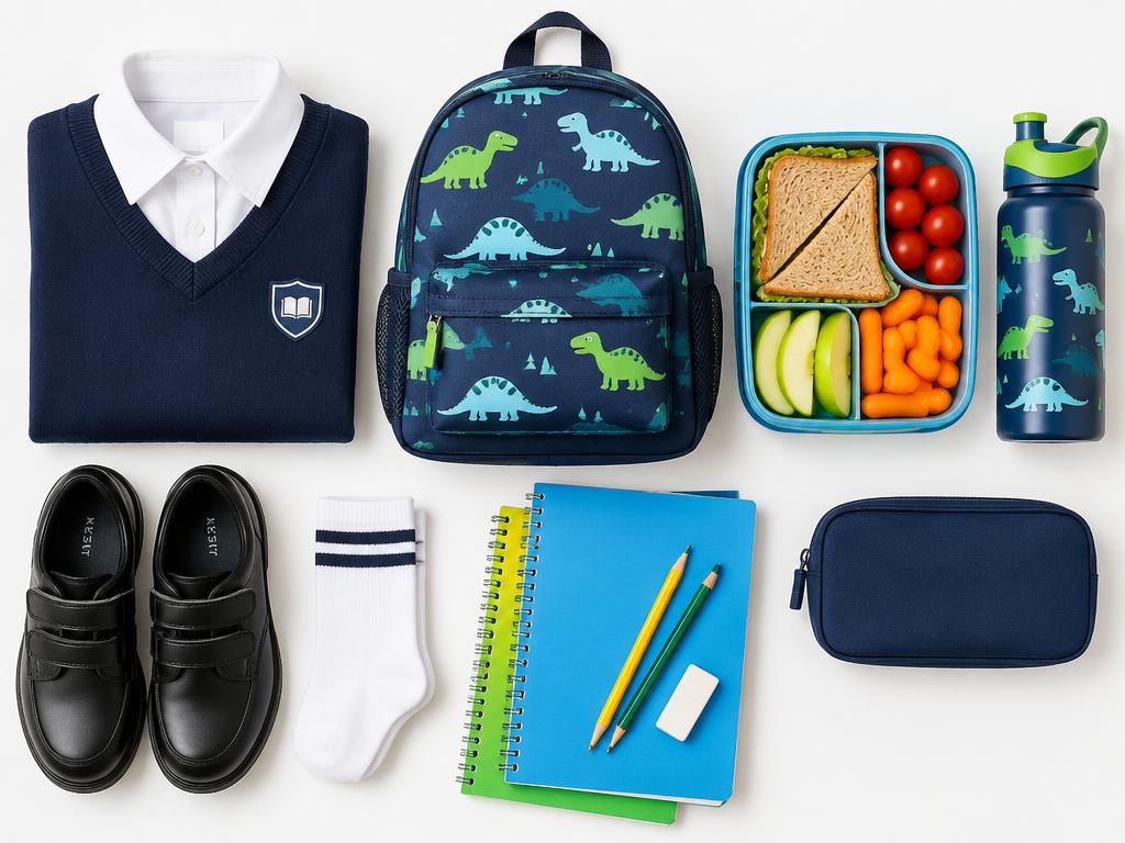 Back-to-school flat lay with uniform, backpack and lunch box