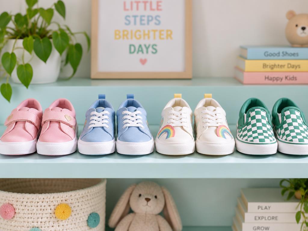 Row of colourful children's shoes on a shelf