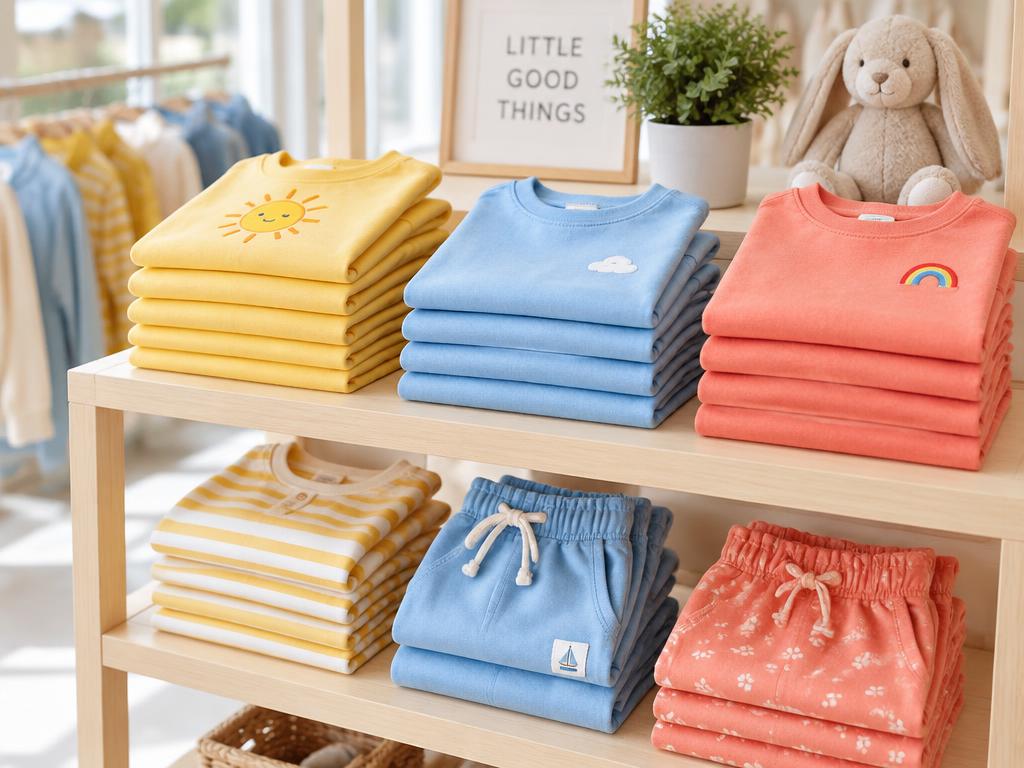 Folded children's clothing in yellow, blue and coral on a boutique shelf