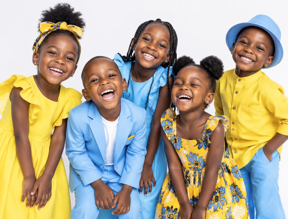 Happy, well-dressed children in bright yellow and blue outfits
